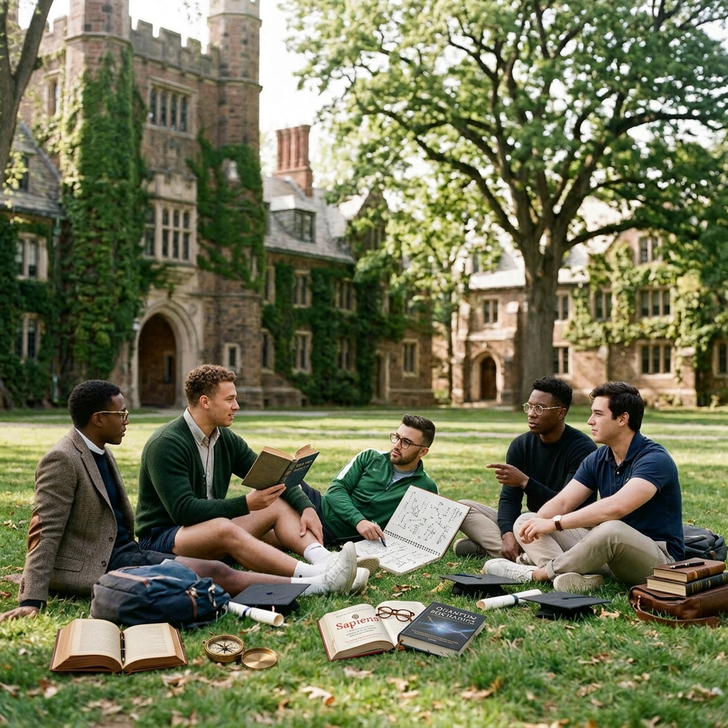 Five male students sitting cross-legged and casually on campus grass with graduation hats and diplomas nearby discussing What Admissions Committees Mean by Fit