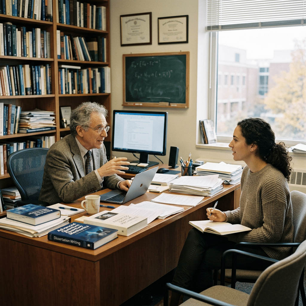 Professor and PhD student talking in office about How to Show Fit in a PhD Application