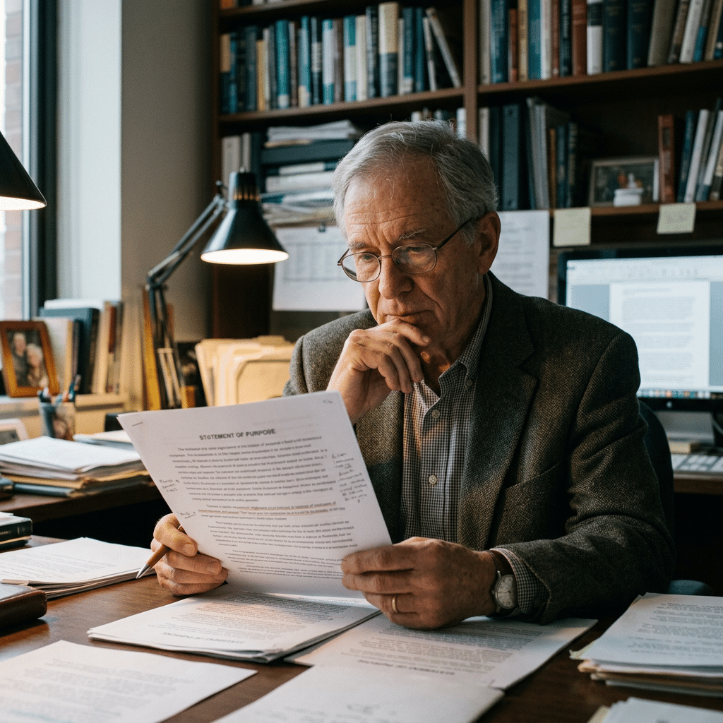 Gray-haired professor reviewing statement of purpose